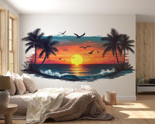 Load image into Gallery viewer, Tropical Sunset Wall Decal, Beach Sunset Wall Sticker, Coastal Bedroom Decor, Palm Tree Ocean Wall Art, Airbnb Beach House Decor