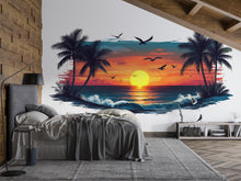 Load image into Gallery viewer, Tropical Sunset Wall Decal, Beach Sunset Wall Sticker, Coastal Bedroom Decor, Palm Tree Ocean Wall Art, Airbnb Beach House Decor