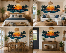 Load image into Gallery viewer, Tropical Sunset Wall Decal, Palm Tree Ocean Wall Sticker, Coastal Bedroom Decor, Beach House Wall Art, Peel and Stick Mural