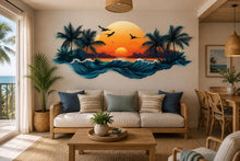 Load image into Gallery viewer, Tropical Sunset Wall Decal, Palm Tree Ocean Wall Sticker, Coastal Bedroom Decor, Beach House Wall Art, Peel and Stick Mural