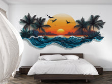 Load image into Gallery viewer, Tropical Sunset Wall Decal, Palm Tree Ocean Wall Sticker, Coastal Bedroom Decor, Beach House Wall Art, Peel and Stick Mural