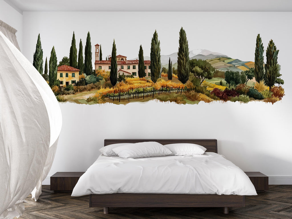 Tuscany Wall Decal, Airbnb Bedroom Decor, Boutique Hotel Wall Art, Italian Villa Landscape, Tuscan Vineyard Decor, Mediterranean Wall Decal