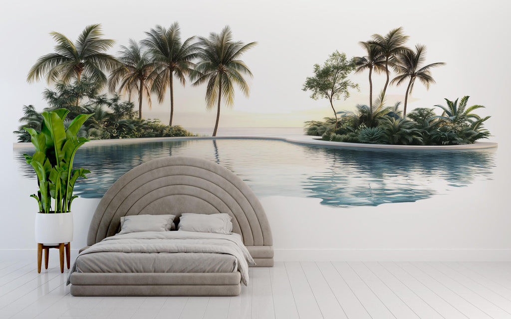 Tropical Pool Wall Decal, Airbnb Bedroom Decor, Boutique Hotel Wall Art, Palm Tree Wall Decal, Resort Wall Decor, Coastal Vacation Rental