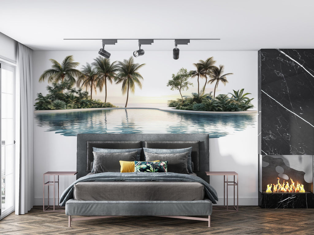 Tropical Pool Wall Decal, Airbnb Bedroom Decor, Boutique Hotel Wall Art, Palm Tree Wall Decal, Resort Wall Decor, Coastal Vacation Rental