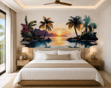 Load image into Gallery viewer, Tropical Sunset Wall Decal, Airbnb Bedroom Decor, Boutique Hotel Wall Art, Palm Tree Pool Wall Decal, Resort Decor, Vacation Rental Wall Art