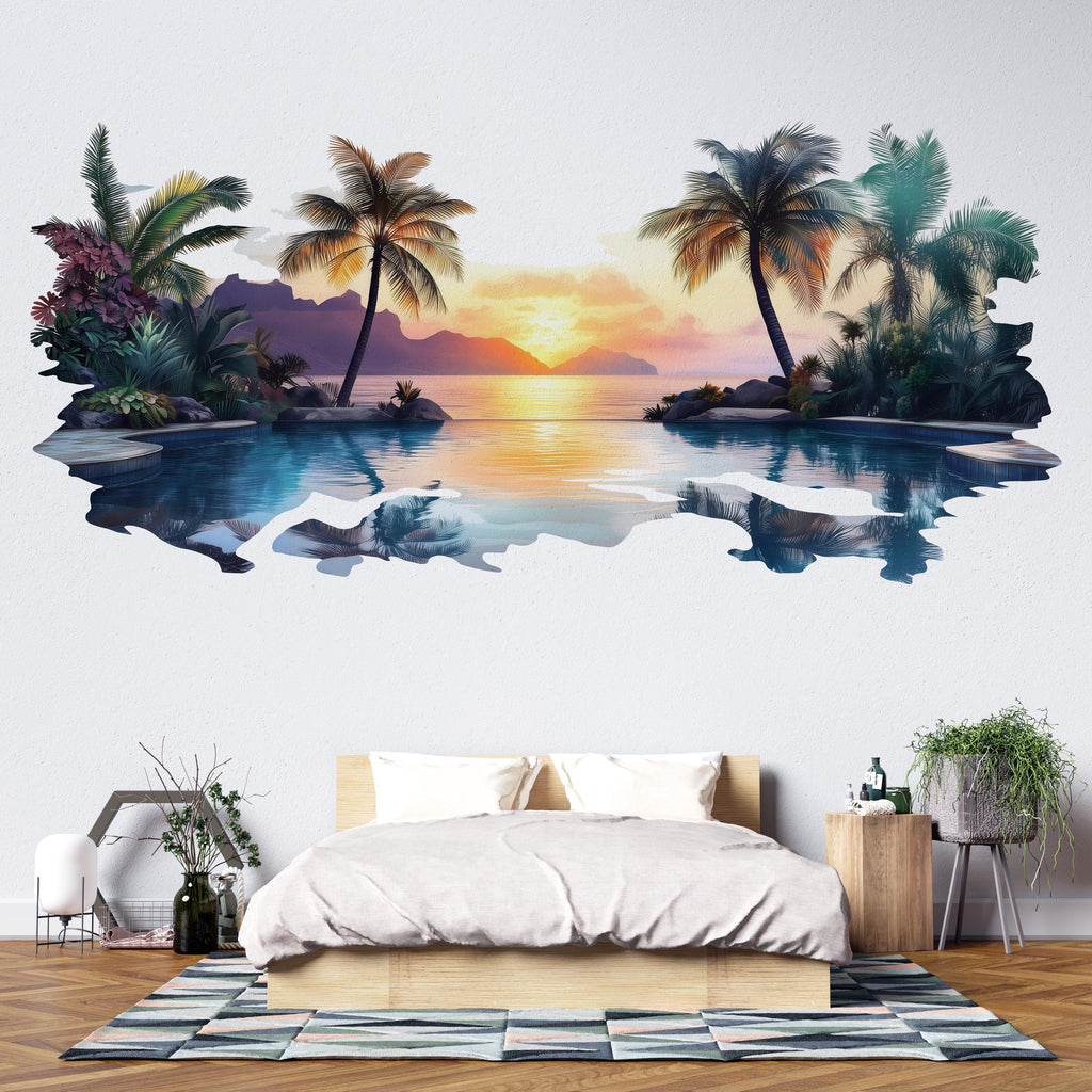 Tropical Sunset Wall Decal, Airbnb Bedroom Decor, Boutique Hotel Wall Art, Palm Tree Pool Wall Decal, Resort Decor, Vacation Rental Wall Art