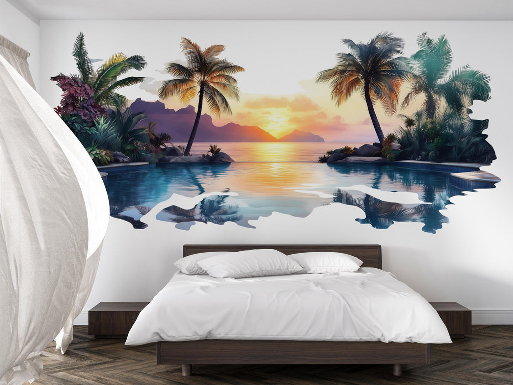 Tropical Sunset Wall Decal, Airbnb Bedroom Decor, Boutique Hotel Wall Art, Palm Tree Pool Wall Decal, Resort Decor, Vacation Rental Wall Art