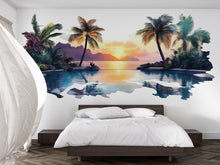 Load image into Gallery viewer, Tropical Sunset Wall Decal, Airbnb Bedroom Decor, Boutique Hotel Wall Art, Palm Tree Pool Wall Decal, Resort Decor, Vacation Rental Wall Art