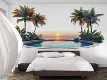 Load image into Gallery viewer, Tropical Sunset Pool Wall Decal, Airbnb Bedroom Decor, Boutique Hotel Wall Art, Palm Tree Decal, Coastal Resort Decor, Vacation Rental Decor