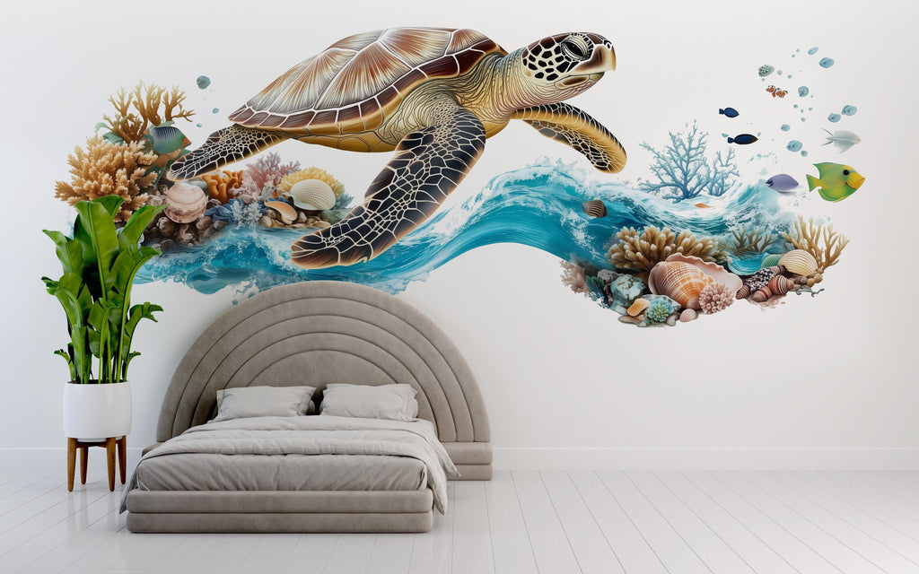 Sea Turtle Bathroom Wall Decal, Coastal Ocean Wall Sticker, Beach Bathroom Decor, Coral Reef Wall Art, Peel and Stick Bathroom Mural