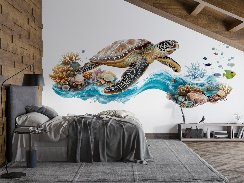 Sea Turtle Bathroom Wall Decal, Coastal Ocean Wall Sticker, Beach Bathroom Decor, Coral Reef Wall Art, Peel and Stick Bathroom Mural