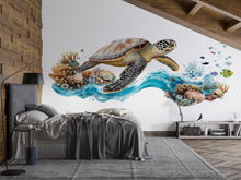 Load image into Gallery viewer, Sea Turtle Bathroom Wall Decal, Coastal Ocean Wall Sticker, Beach Bathroom Decor, Coral Reef Wall Art, Peel and Stick Bathroom Mural