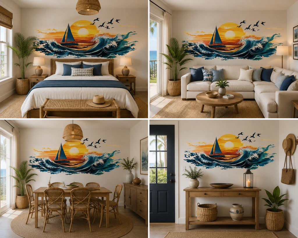 Sailboat Sunset Wall Decal, Coastal Ocean Wall Sticker, Beach Bathroom Decor, Nautical Wall Art, Peel and Stick Beach House Mural