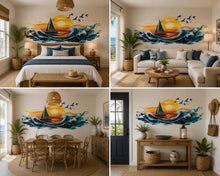 Load image into Gallery viewer, Sailboat Sunset Wall Decal, Coastal Ocean Wall Sticker, Beach Bathroom Decor, Nautical Wall Art, Peel and Stick Beach House Mural