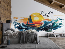 Load image into Gallery viewer, Sailboat Sunset Wall Decal, Coastal Ocean Wall Sticker, Beach Bathroom Decor, Nautical Wall Art, Peel and Stick Beach House Mural