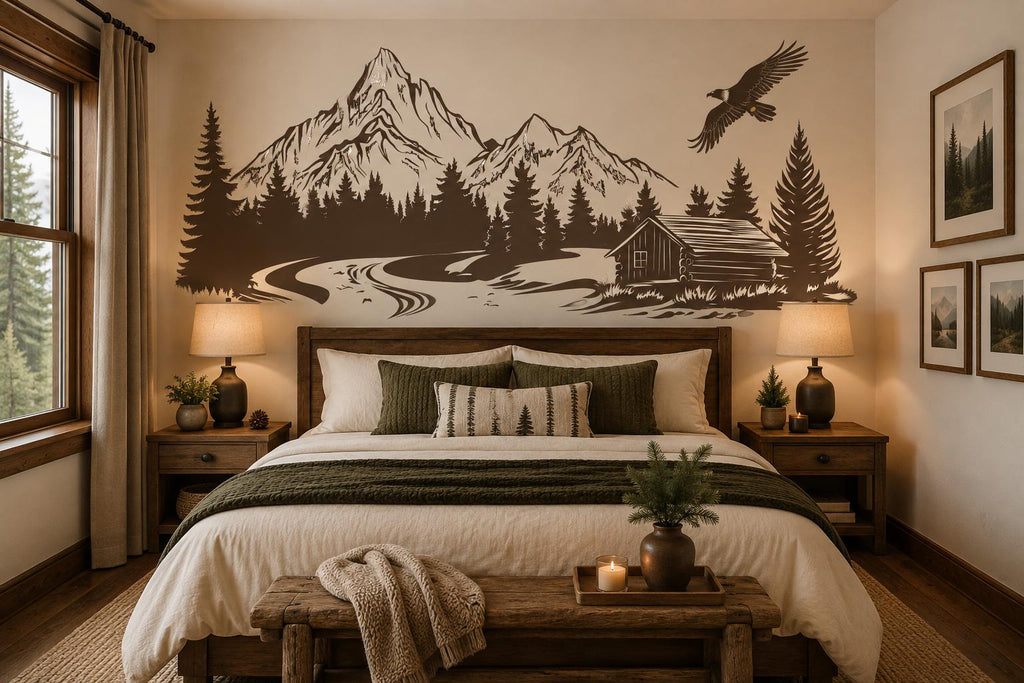 Mountain Cabin Wall Decal, Rustic Forest Wall Sticker, Mountain Bedroom Decor, Cabin Wall Art, Woodland Nursery, Lodge Decor