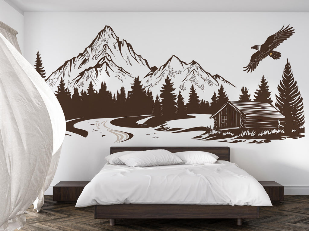 Mountain Cabin Wall Decal, Rustic Forest Wall Sticker, Mountain Bedroom Decor, Cabin Wall Art, Woodland Nursery, Lodge Decor
