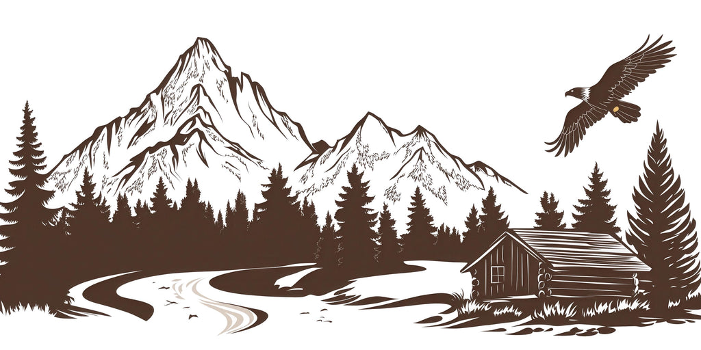 Mountain Cabin Wall Decal, Rustic Forest Wall Sticker, Mountain Bedroom Decor, Cabin Wall Art, Woodland Nursery, Lodge Decor