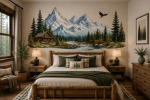 Load image into Gallery viewer, Mountain Cabin Wall Decal, Rustic Mountain Landscape Wall Sticker, Forest Cabin Bedroom Decor, Lodge Wall Art, Airbnb Cabin Decor