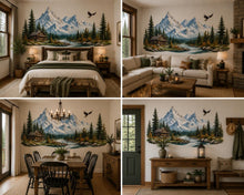 Load image into Gallery viewer, Mountain Cabin Wall Decal, Rustic Mountain Landscape Wall Sticker, Forest Cabin Bedroom Decor, Lodge Wall Art, Airbnb Cabin Decor