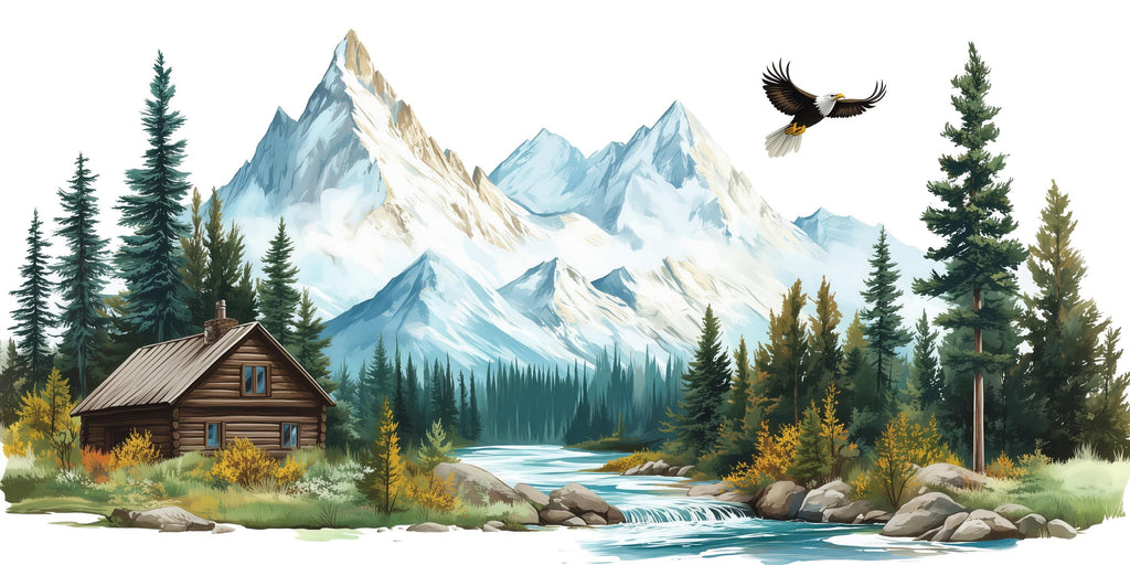 Mountain Cabin Wall Decal, Rustic Mountain Landscape Wall Sticker, Forest Cabin Bedroom Decor, Lodge Wall Art, Airbnb Cabin Decor