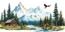 Load image into Gallery viewer, Mountain Cabin Wall Decal, Rustic Mountain Landscape Wall Sticker, Forest Cabin Bedroom Decor, Lodge Wall Art, Airbnb Cabin Decor
