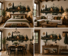 Load image into Gallery viewer, Mountain Lake Cabin Wall Decal, A-Frame Cabin Wall Sticker, Rustic Forest Wall Art, Camping Decor, Airbnb Cabin Decor, Lodge Bedroom