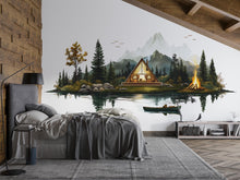 Load image into Gallery viewer, Mountain Lake Cabin Wall Decal, A-Frame Cabin Wall Sticker, Rustic Forest Wall Art, Camping Decor, Airbnb Cabin Decor, Lodge Bedroom