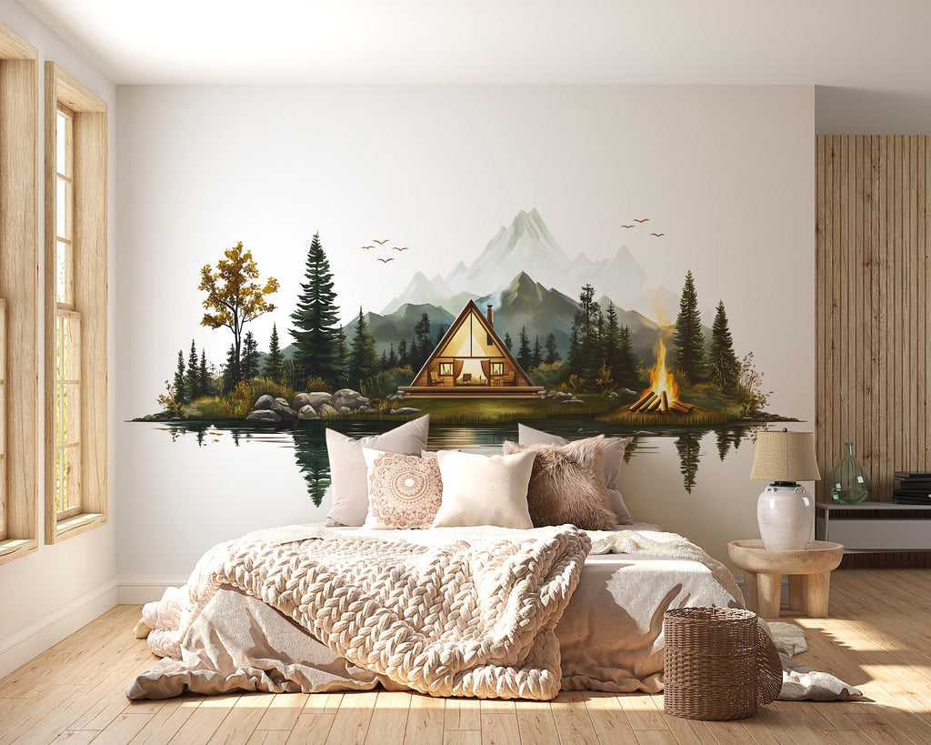 Mountain Lake Cabin Wall Decal, A-Frame Cabin Wall Sticker, Rustic Forest Wall Art, Camping Decor, Airbnb Cabin Decor, Lodge Bedroom