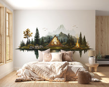 Load image into Gallery viewer, Mountain Lake Cabin Wall Decal, A-Frame Cabin Wall Sticker, Rustic Forest Wall Art, Camping Decor, Airbnb Cabin Decor, Lodge Bedroom