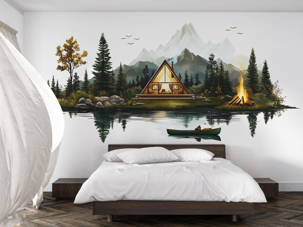 Mountain Lake Cabin Wall Decal, A-Frame Cabin Wall Sticker, Rustic Forest Wall Art, Camping Decor, Airbnb Cabin Decor, Lodge Bedroom