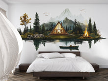 Load image into Gallery viewer, Mountain Lake Cabin Wall Decal, A-Frame Cabin Wall Sticker, Rustic Forest Wall Art, Camping Decor, Airbnb Cabin Decor, Lodge Bedroom