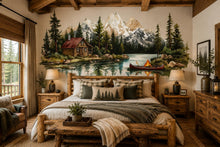 Load image into Gallery viewer, Mountain Cabin Wall Decal, Rustic Lake &amp; Forest Wall Sticker, Cozy Lodge Bedroom Decor, Airbnb Wall Art, Mountain Landscape Vinyl Decal