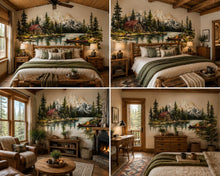 Load image into Gallery viewer, Mountain Cabin Wall Decal, Rustic Lake &amp; Forest Wall Sticker, Cozy Lodge Bedroom Decor, Airbnb Wall Art, Mountain Landscape Vinyl Decal