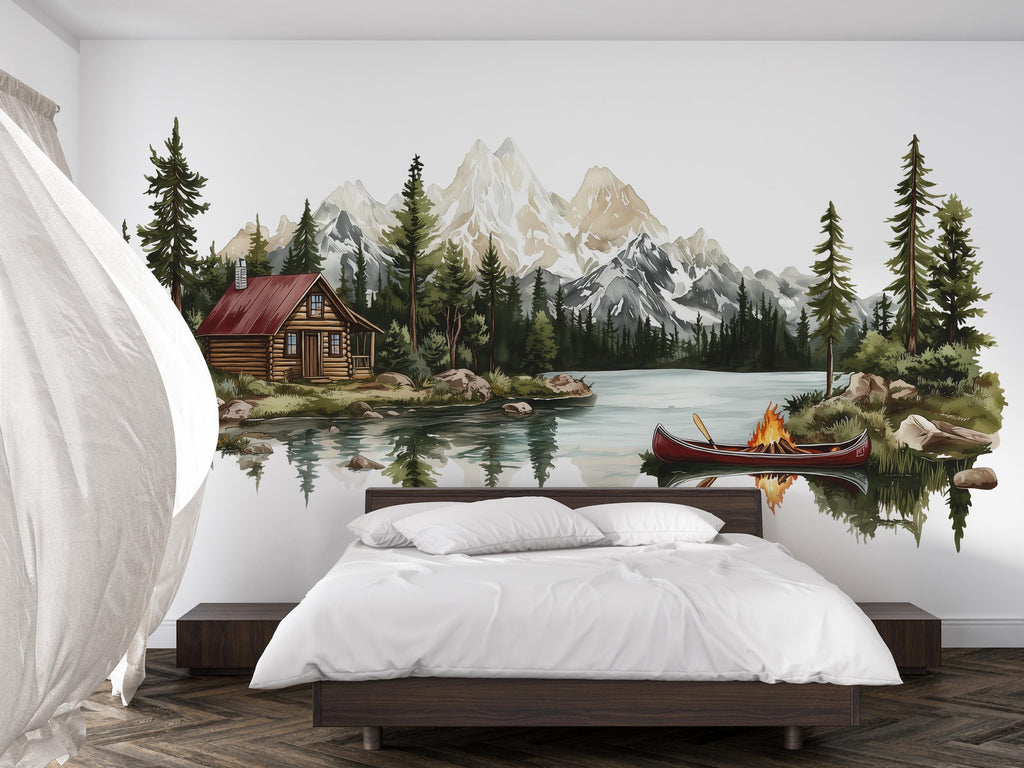 Mountain Cabin Wall Decal, Rustic Lake & Forest Wall Sticker, Cozy Lodge Bedroom Decor, Airbnb Wall Art, Mountain Landscape Vinyl Decal