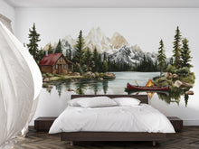 Load image into Gallery viewer, Mountain Cabin Wall Decal, Rustic Lake &amp; Forest Wall Sticker, Cozy Lodge Bedroom Decor, Airbnb Wall Art, Mountain Landscape Vinyl Decal