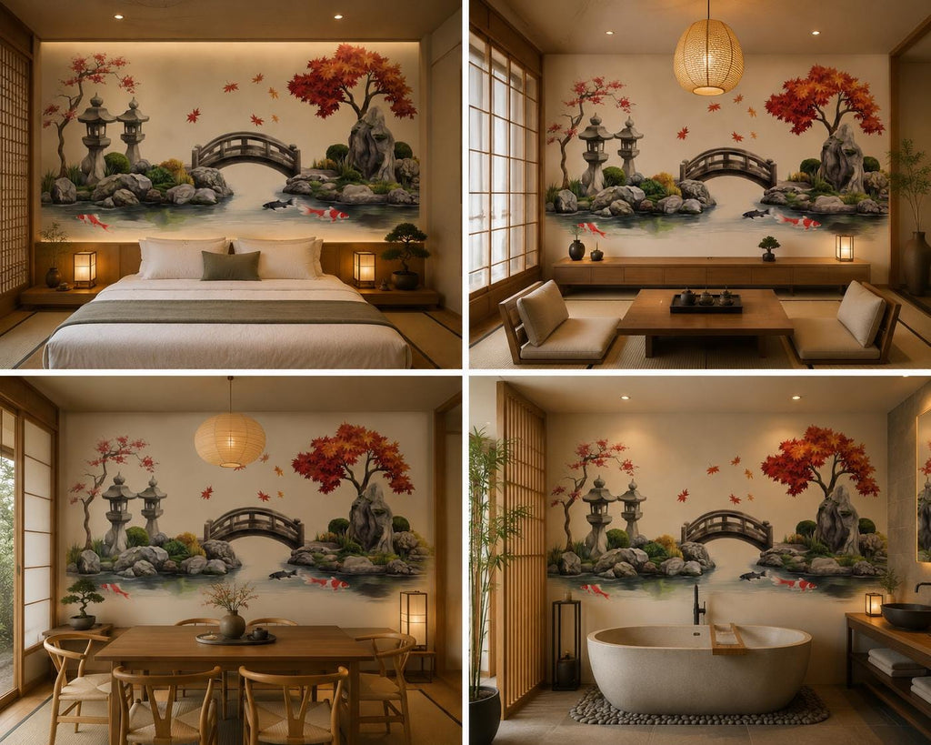 Japanese Garden Wall Decal, Airbnb Bedroom Decor, Boutique Hotel Wall Art, Koi Fish Pond Decal, Zen Garden Decor, Asian Wall Decal