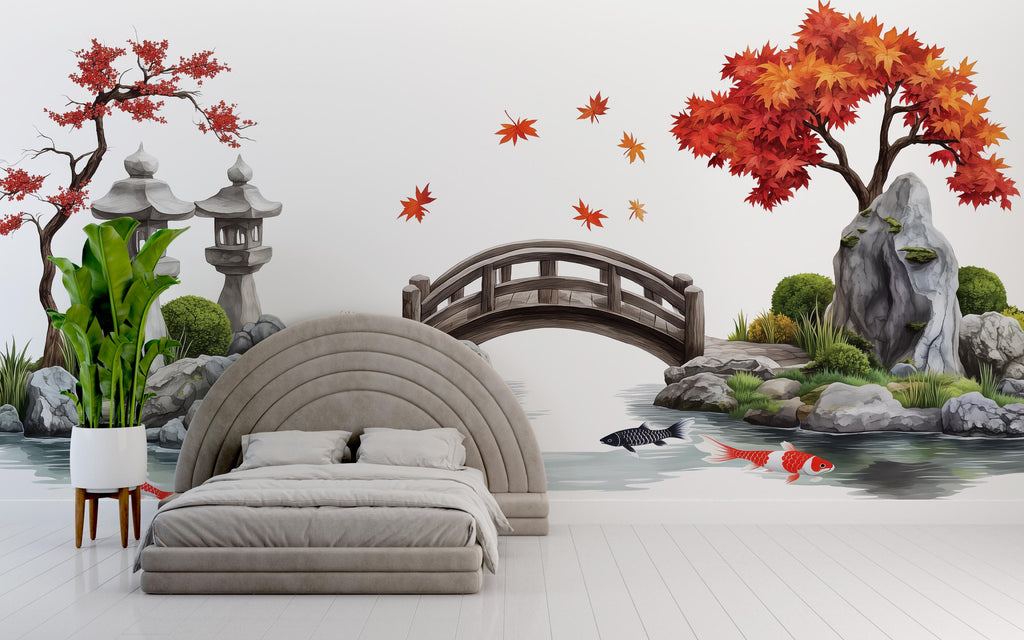 Japanese Garden Wall Decal, Airbnb Bedroom Decor, Boutique Hotel Wall Art, Koi Fish Pond Decal, Zen Garden Decor, Asian Wall Decal