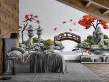 Load image into Gallery viewer, Japanese Garden Wall Decal, Airbnb Bedroom Decor, Boutique Hotel Wall Art, Koi Fish Pond Decal, Zen Garden Decor, Asian Wall Decal