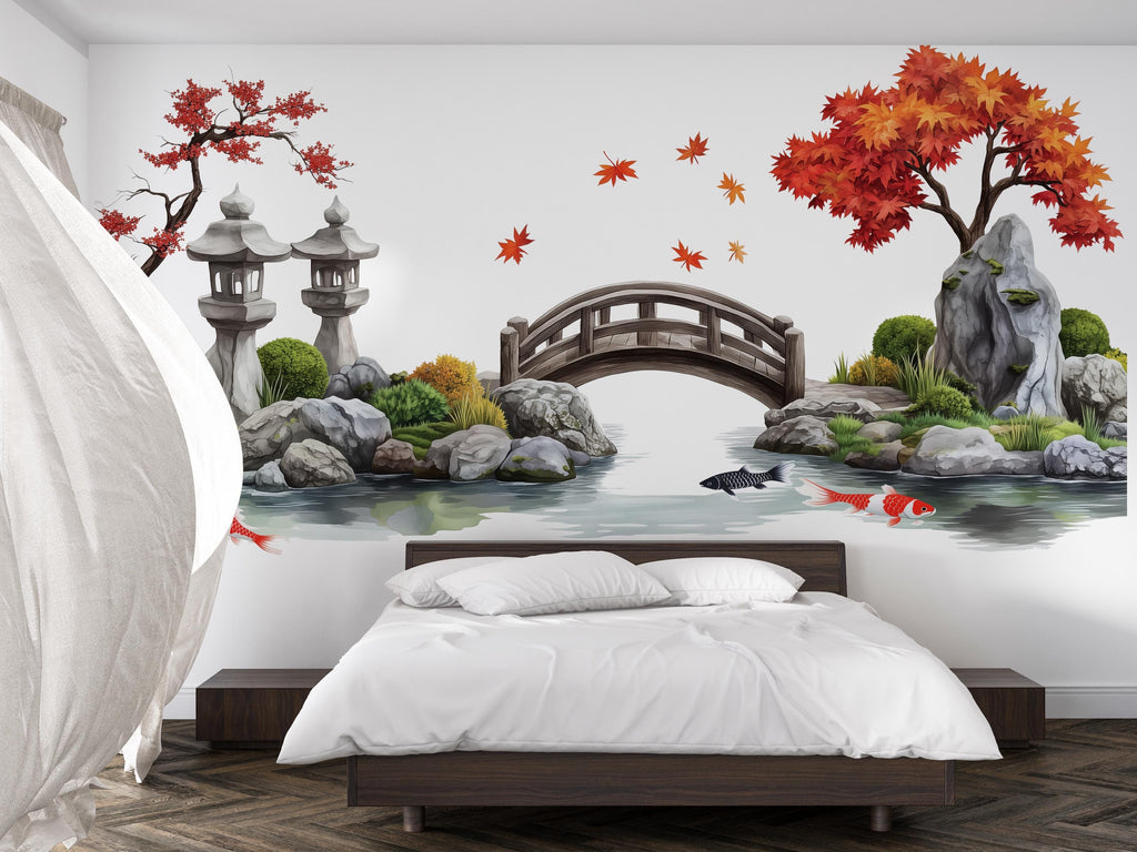 Japanese Garden Wall Decal, Airbnb Bedroom Decor, Boutique Hotel Wall Art, Koi Fish Pond Decal, Zen Garden Decor, Asian Wall Decal
