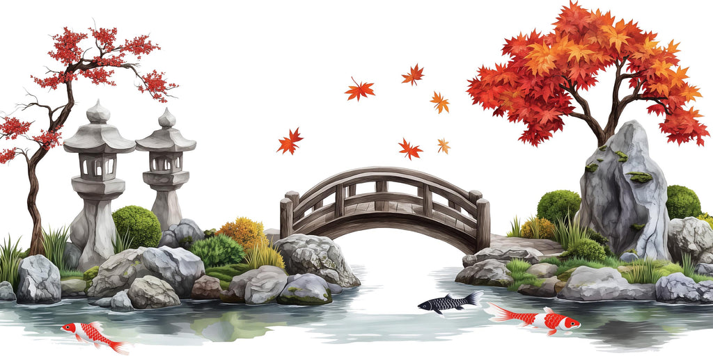 Japanese Garden Wall Decal, Airbnb Bedroom Decor, Boutique Hotel Wall Art, Koi Fish Pond Decal, Zen Garden Decor, Asian Wall Decal