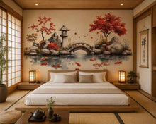 Load image into Gallery viewer, Japanese Koi Pond Wall Decal, Zen Garden Bridge &amp; Maple Tree Wall Art