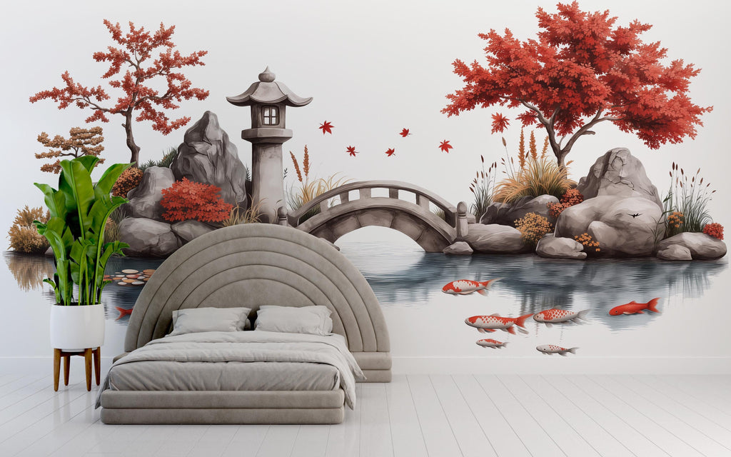 Japanese Koi Pond Wall Decal, Zen Garden Bridge & Maple Tree Wall Art