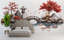 Load image into Gallery viewer, Japanese Koi Pond Wall Decal, Zen Garden Bridge &amp; Maple Tree Wall Art