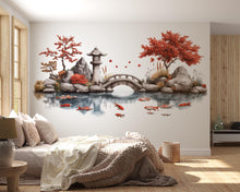 Load image into Gallery viewer, Japanese Koi Pond Wall Decal, Zen Garden Bridge &amp; Maple Tree Wall Art