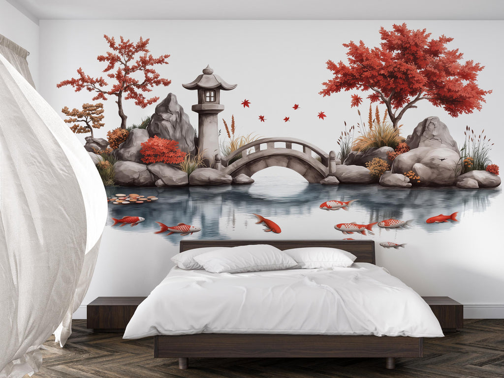 Japanese Koi Pond Wall Decal, Zen Garden Bridge & Maple Tree Wall Art