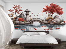Load image into Gallery viewer, Japanese Koi Pond Wall Decal, Zen Garden Bridge &amp; Maple Tree Wall Art