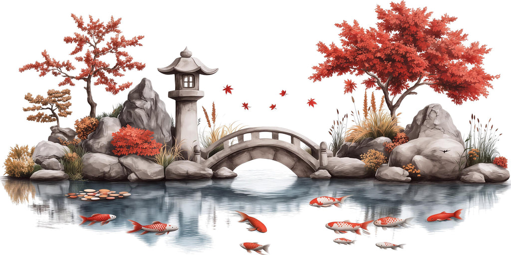 Japanese Koi Pond Wall Decal, Zen Garden Bridge & Maple Tree Wall Art
