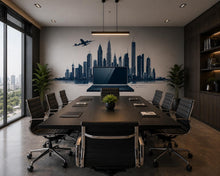 Load image into Gallery viewer, City Skyline Wall Decal, Modern Office Wall Art with Airplane &amp; Laptop