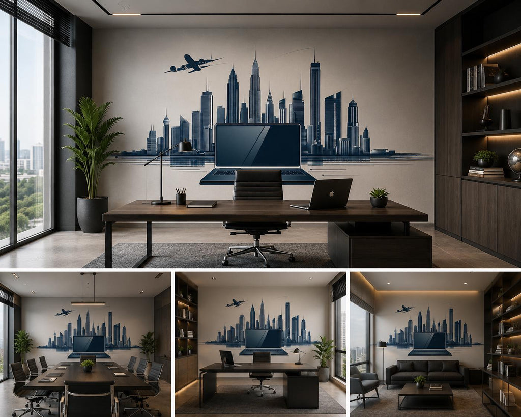 City Skyline Wall Decal, Modern Office Wall Art with Airplane & Laptop
